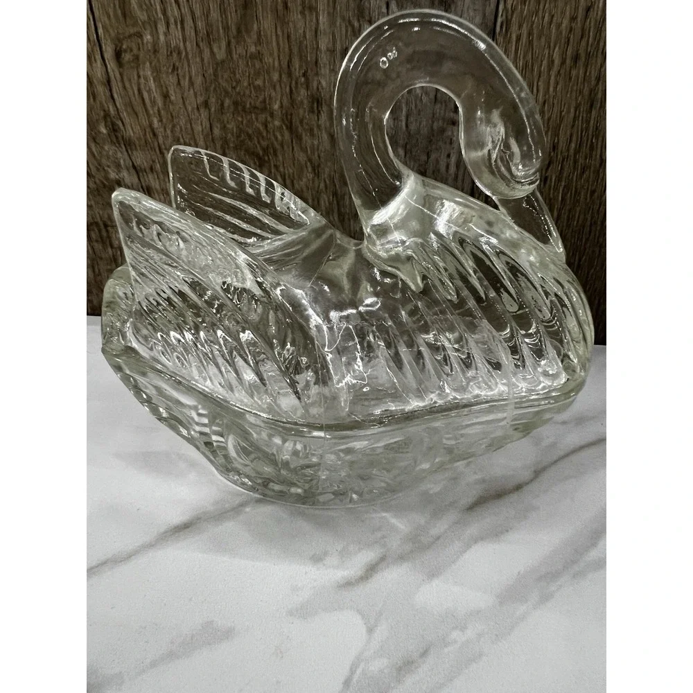 Vintage Swan On Basket Trinket Box Jewelry Box Candy Dish Pressed Cut Glass